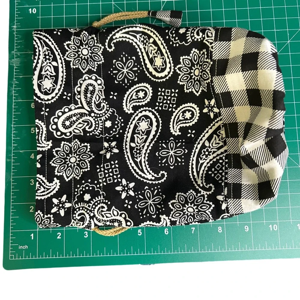 Black White Paisley Buffalo Check Drawstring Satchel Wristlet Bag Handmade NEW